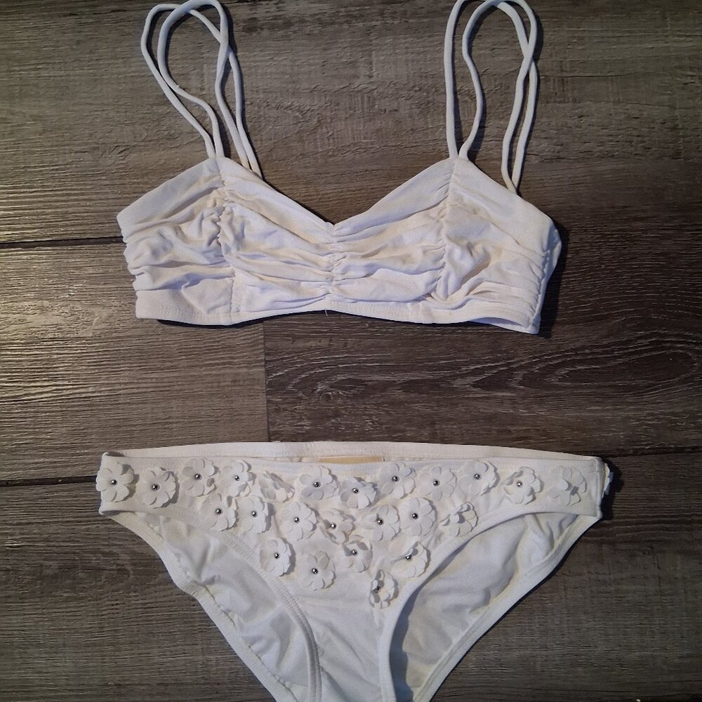 Michael Kors Collection 8 top 6 bottom white bikini 3D Flowers RARE